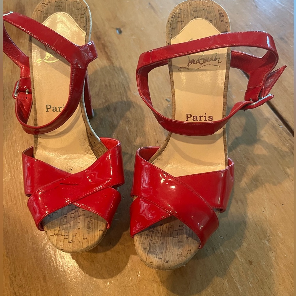 Christian Louboutin patent leather and cork platform sandals